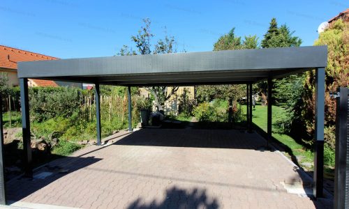 Ein Stahlcarport in anthrazit mit Flachdach