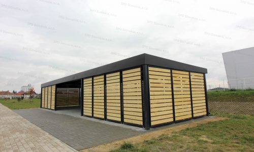 Eine Design-Überdachung für Raucher in anthrazit mit Wandausfüllungen aus Holz