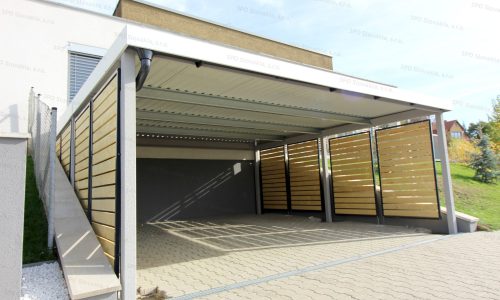 Design-Doppelcarport mit Wandausfüllungen bei einem modernen Haus