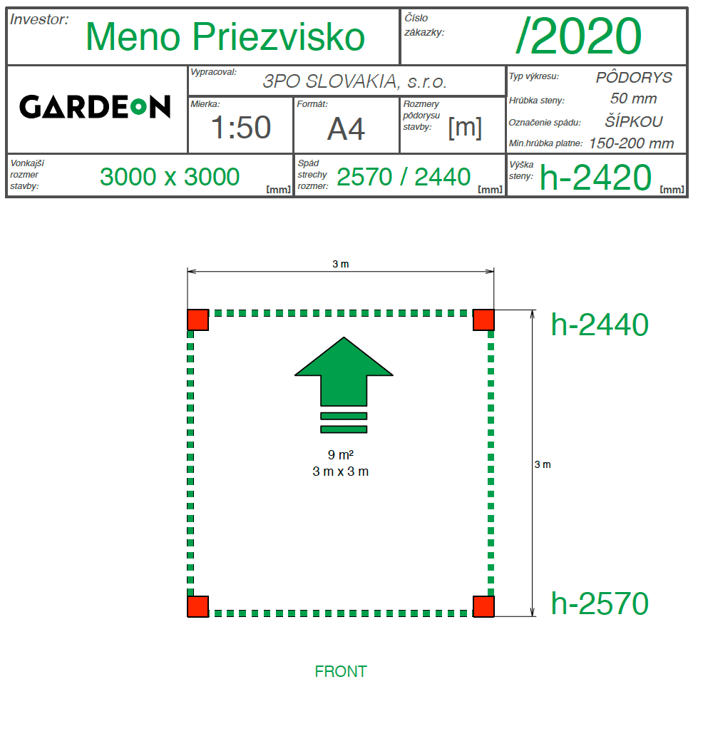 Der Grundriss einer montierten Pergola von GARDEON in den Maßen 3x3