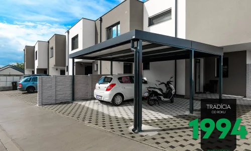 Weißes Auto geparkt under einem Doppelcarport aus Stahl von GARDEON