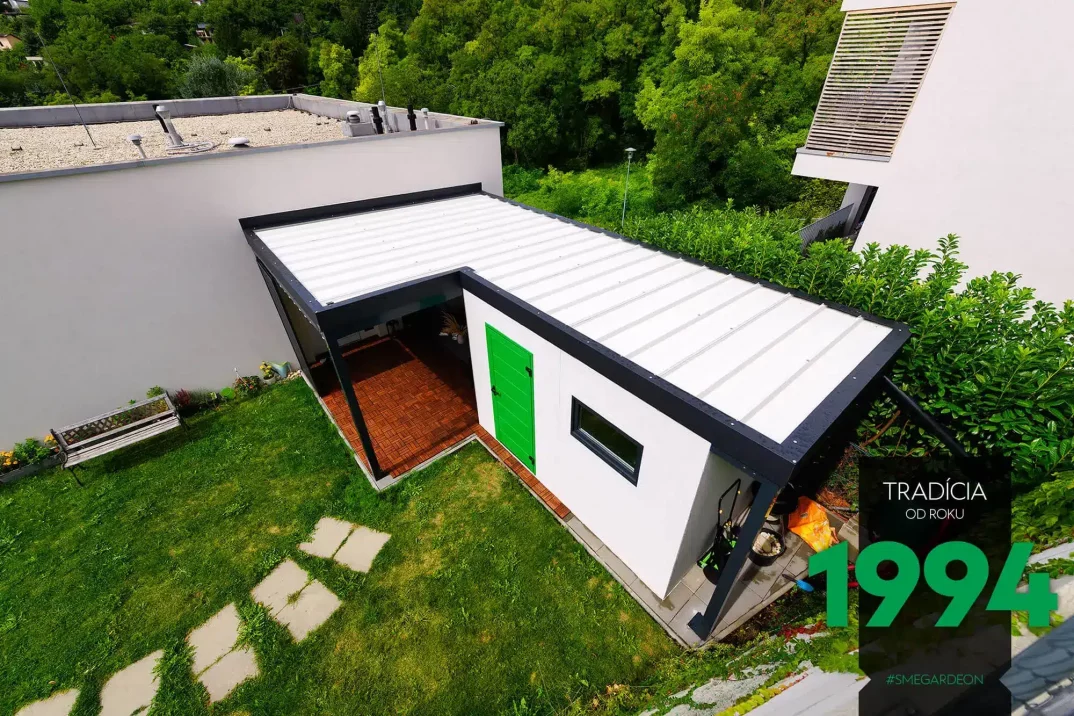 Vogelperspektive - GARDEON Gartenhütte mit Gartenpergola