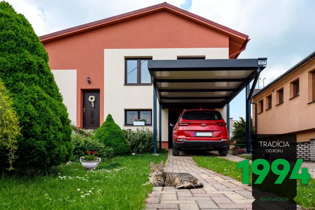 Eine Katze liegt vor dem neuen Carport von GARDEON