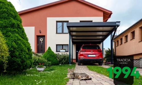 Eine Katze liegt vor dem neuen Carport von GARDEON