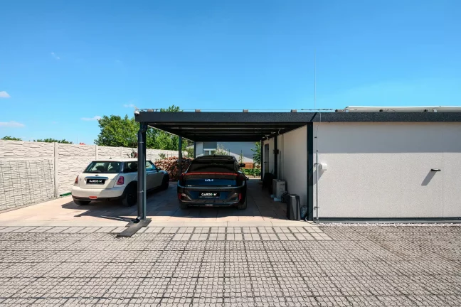 Blick auf zwei Autos unter dem Carport neben Brennholz