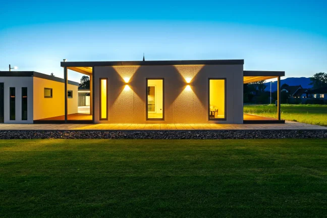 Seitenwand des Tiny Houses mit eingeschalteten Wandleuchten am Abend